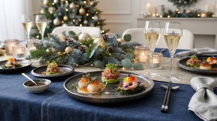 Fototapeta premium Elegant Christmas dinner table setting with gourmet appetizers and champagne