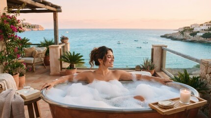 Fototapeta premium Woman enjoying a relaxing bubble bath on a balcony overlooking the sea at sunset