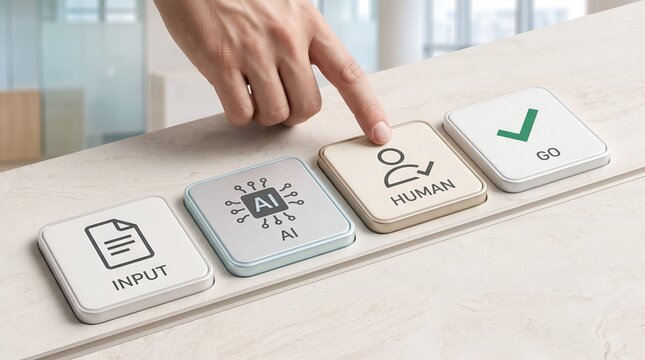 Hand selecting human option over AI on decision panel