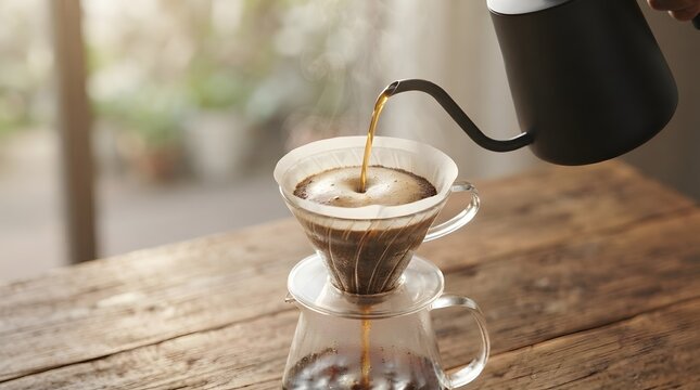 Pour over coffee brewing process with dark kettle and glass dripper on rustic wood surface.