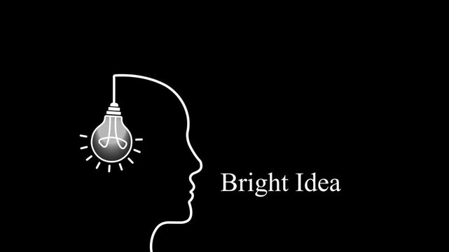 Minimalist human head silhouette with glowing light bulb and bright idea text animation innovation creativity