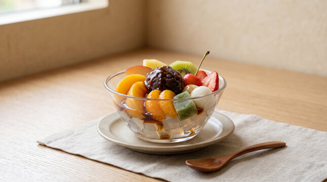 Traditional Japanese Anmitsu Dessert on Plate with Agar Jelly and Sweet Toppings