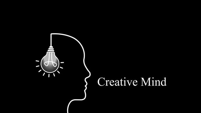 Creative mind concept animation: glowing light bulb inside human head silhouette for innovation and idea generation