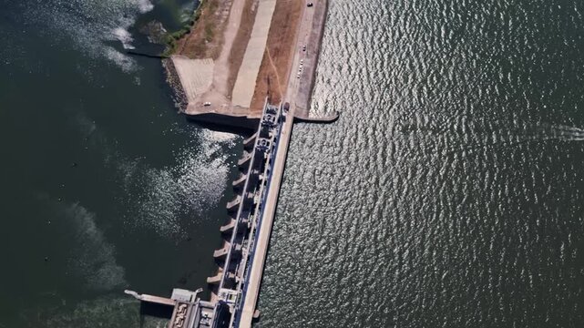 Drone View of Hydroelectric Dam Above River