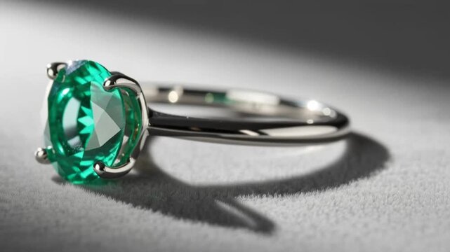 Close-up of a sparkling emerald engagement ring with a silver band, showcasing its facets and vibrant green color.