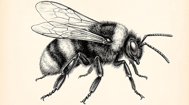 Vintage bumblebee illustration, antique biological sketch of a honey bee, retro hand drawn insect on aged paper background