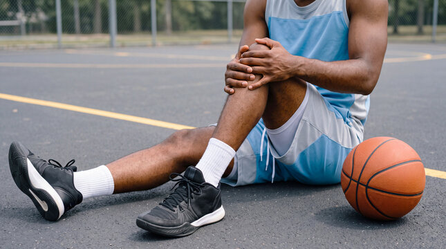 Male basketball player sitting on outdoor court holding knee in pain with a basketball beside him