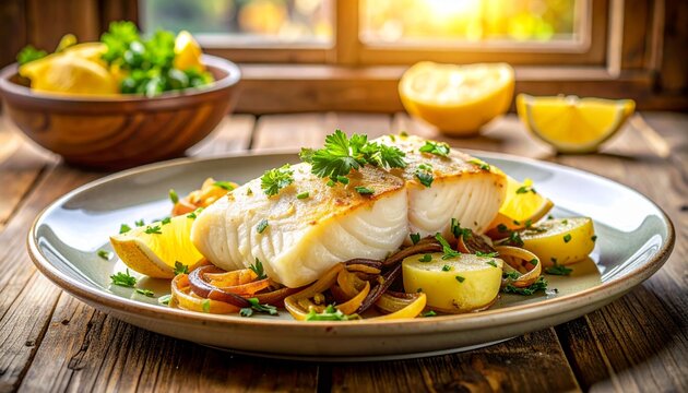 Photorealistic traditional S,alt Cod, tender flaky salted cod fillet served with boiled potatoes, caramelized onions, fresh parsley and lemon wedges
