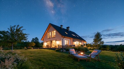 Fototapeta premium Cozy cottage glows under starry night sky. Warm lights frame inviting windows and porch