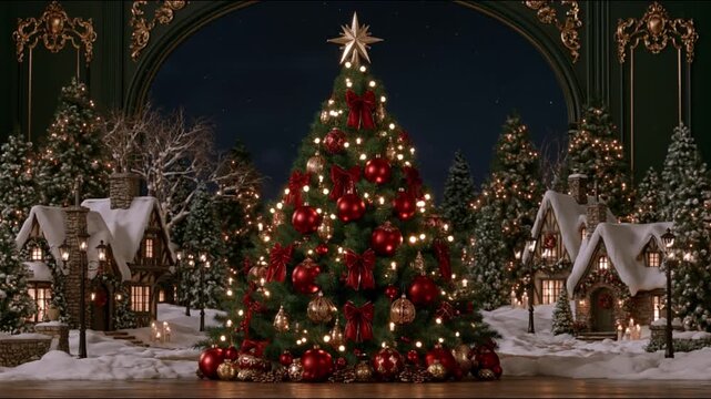 Christmas Tree with Red Ornaments and Snowy Village Background