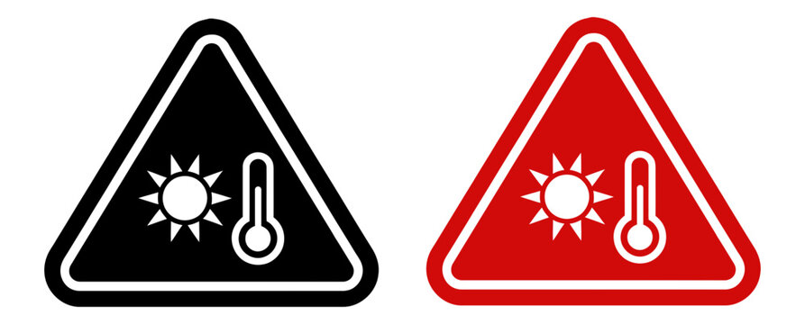 Triangular warning signs set featuring thermometer and sun symbols for hot weather, high temperatures, heatwave risks, thermal alerts, and weather safety