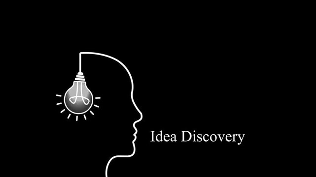 Minimalist idea discovery animation: glowing light bulb above human head silhouette for creative thinking, innovation, and problem solving concepts