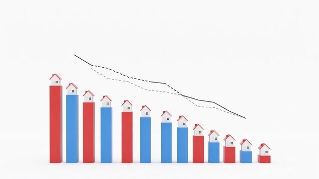 3 D bar chart with red and blue bars showing upward and downward trends in a 3D bar chart red bars upward trend