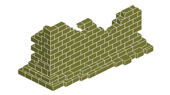 Ruined brick wall section in isometric view showing weathered masonry for historical reconstruction or architectural design