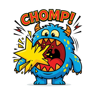 Cute Blue Furry Monster Eating a Yellow Star Comic Illustration