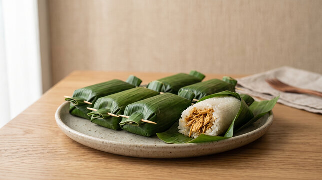 Indonesian Lemper on Plate with Sticky Rice and Savory Chicken Filling