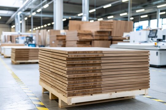Large Stack of Cabinet Panels Ready for Assembly in Modern Kitchen Factory