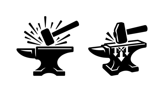 Black anvil and hammer icons for metalwork and blacksmithing