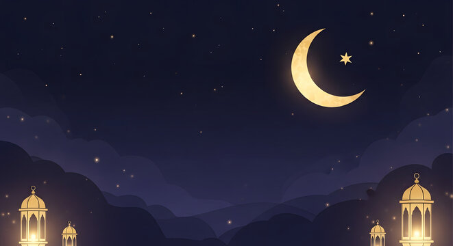 Ramadan night scene with crescent moon and glowing lanterns vector illustration