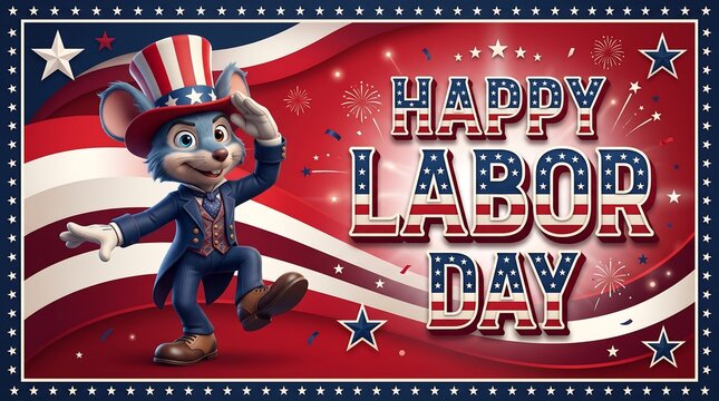 Happy Labor Day Banner with Cute Uncle Sam Mouse Character Saluting on American Flag Background for Festive Holiday.