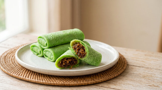 Indonesian Dadar Gulung on Plate with Coconut and Palm Sugar Filling