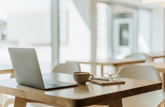 Chic workspace featuring a laptop and a cup of coffee on a tidy cafe table perfect for digital nomads who enjoy a flexible work from anywhere lifestyle