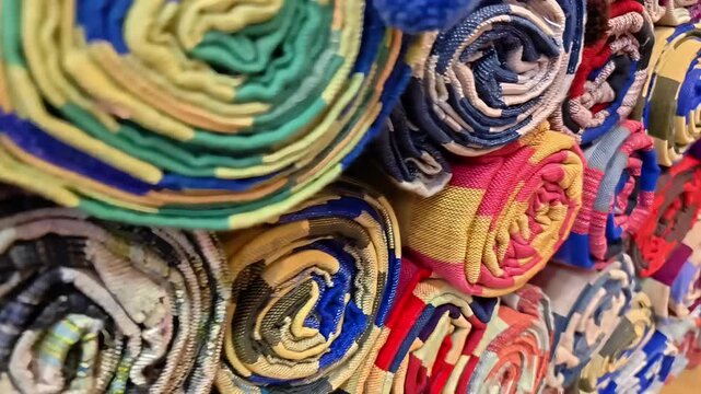 Handicraft artisan loincloth fabric bundle rolls in a stack, Cotton Cloth Textile, Traditional Ethnic Fashion, Siam Clothing Market, Colorful Garment, Slow Motion, Panning Closeup Shot, Side View