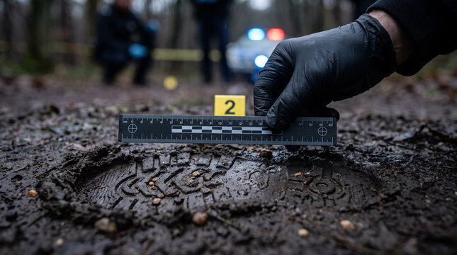 Forensic investigator measuring a footwear impression in mud at an outdoor crime scene