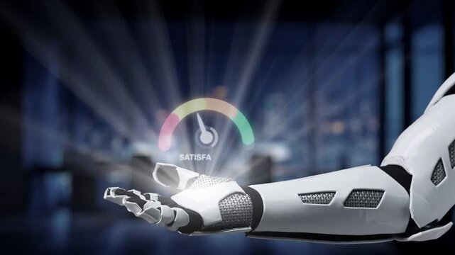 A futuristic robot hand presenting customer satisfaction metrics with review cards and a performance gauge, symbolizing technology and innovation in user feedback. Synapse
