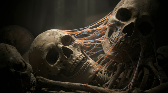 Dusty human skulls connected by growing flesh and sinew. Biblical concept of dry bones coming to life and resurrection. Dramatic lighting in a dark tomb