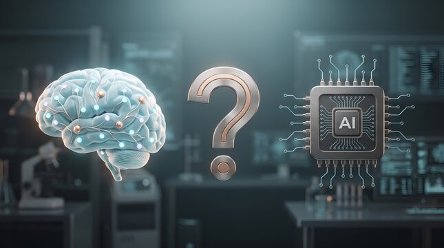 AI vs human brain comparison with question mark in lab setting
