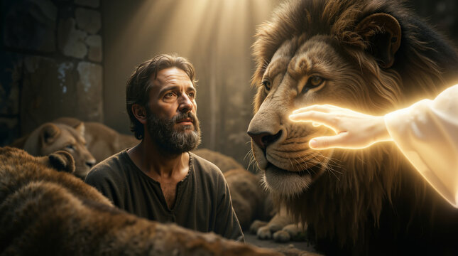 Bearded man looking up in a stone den surrounded by lions. Glowing hand touching a lion's nose. Biblical story of Daniel in the lions' den concept. Divine intervention and religious faith