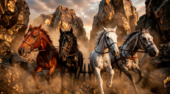 Four horses of different colors pulling chariots between bronze mountains. Red black white and dappled horses charging through a dusty rocky gorge. Biblical prophecy of Zechariah religious concept