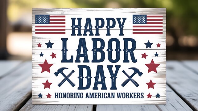 Happy labor day patriotic sign with american flags and stars on a wooden surface