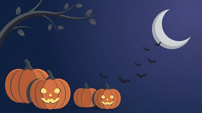 Illuminated jack o lanterns glow under a crescent moon and bare branches on a dark halloween night