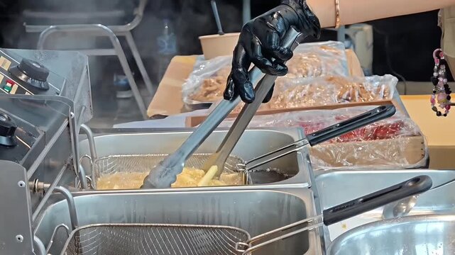 Chef hands checking french fries inside deep fryer using tongs, Fast Food Cuisine, Electric Kitchen Equipment, Food Preparation, Crispy Fries