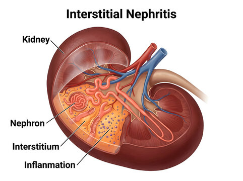 Interstitial nephritis in human kidney anatomy illustration isolated on white background