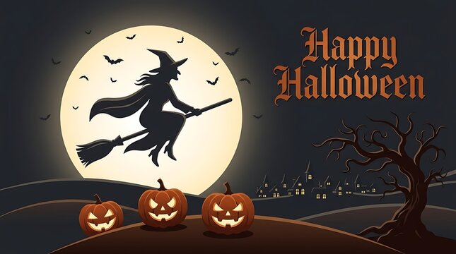 A spooky halloween night scene featuring a witch flying in front of a full moon and glowing jackolanterns