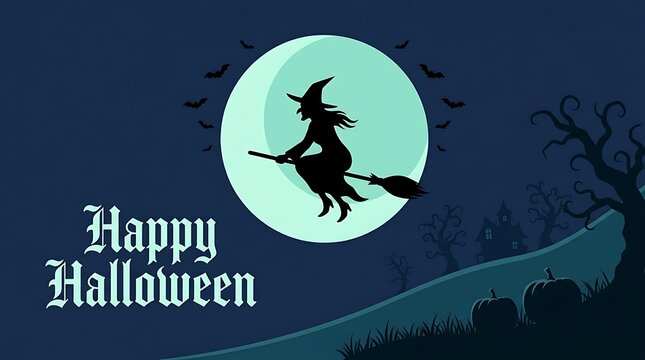 A dark silhouette of a witch on a broomstick soars across a vibrant full moon wishing everyone a happy halloween night