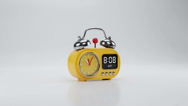 Yellow alarm clock with red bell on and digital display showing 808 on yellow background yellow clock