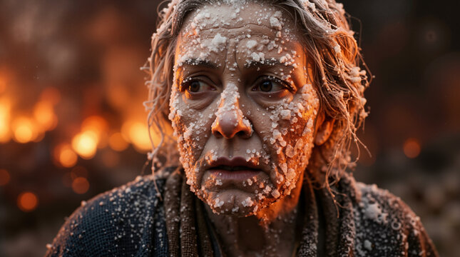 Close up portrait of Lot's wife turning into a pillar of salt. Shocked elderly woman looking back at the burning city of Sodom. Biblical story of divine judgment and disobedience