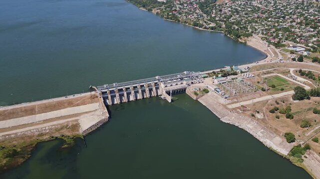 Aerial Drone View of Hydroelectric Dam Reservoir and Power Plant