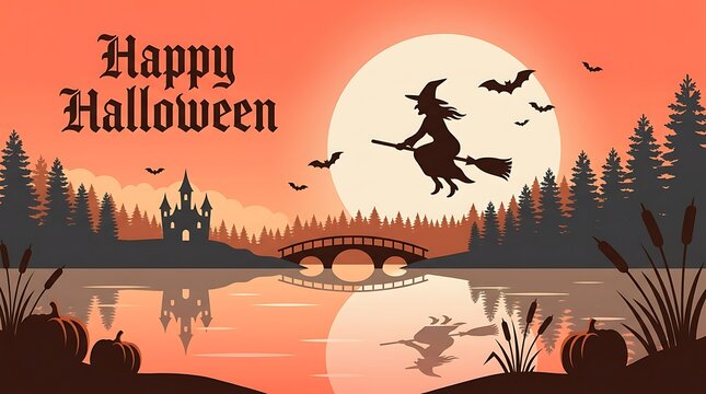 Spooky halloween scene with a witch flying in front of a full moon over a dark forest landscape