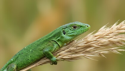Fototapeta premium A vibrant green lizard rests calmly upon a dry wheat stalk in the wild meadow during the sunny afternoon hours while blending into the surrounding natural environment of the peaceful countryside