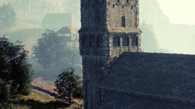 A tall, ancient stone tower rises above the ground in a village setting. Trees surround the area as mist covers the ground. The scene shows a quiet morning hours with soft light.