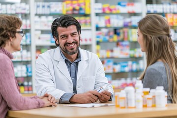 Fototapeta premium Pharmacist Discusses Prescription Details and Dosage With Customer in a Pharmacy Setting