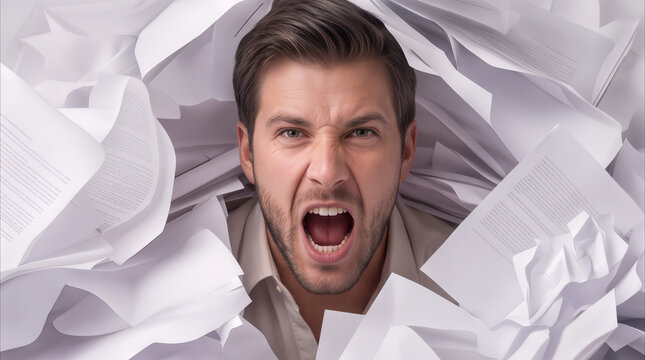 Stressed businessman shouting while buried under massive pile of documents. Overwhelmed office worker dealing with excessive paperwork and administrative burnout.