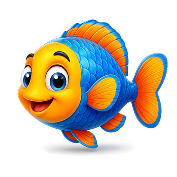 A cheerful cartoon fish with vibrant blue and orange scales and a smiling face, rendered in 3D