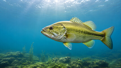 Fototapeta premium Largemouth bass swimming in clear blue water with sunbeams illuminating the underwater lake bottom
