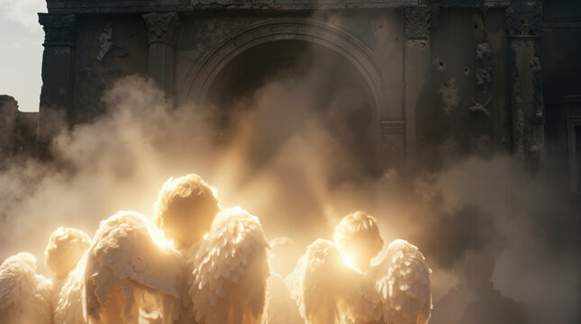 Biblical scene of the glory of the Lord leaving the temple. Angels with white wings in golden divine light. Cherubim standing before ancient stone ruins with smoke and dramatic rays